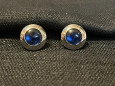 Vintage Signed SWANK Cufflinks Silver Tone W/ Round Circular Blue Stone
