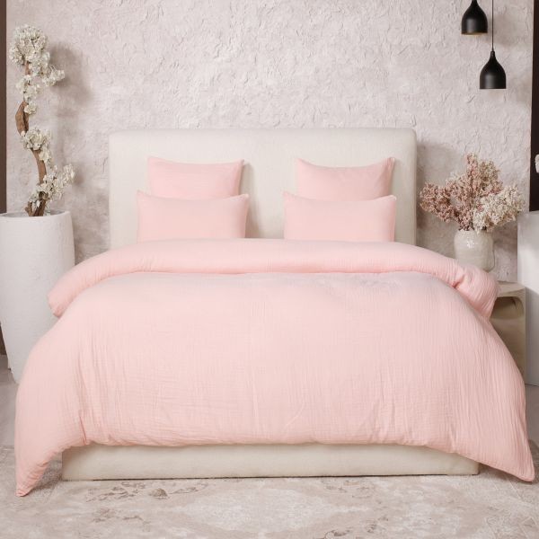 Parure de lit 220x240 rose lotus en gaze de coton lavé sans repassage anti-transpiration