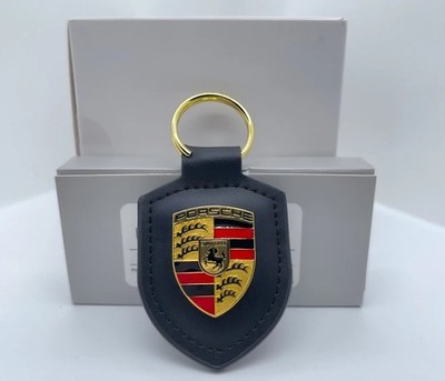 NEW GENUINE PORSCHE LEATHER CREST KEY RING FOB CHAIN BLACK WAP0500950E