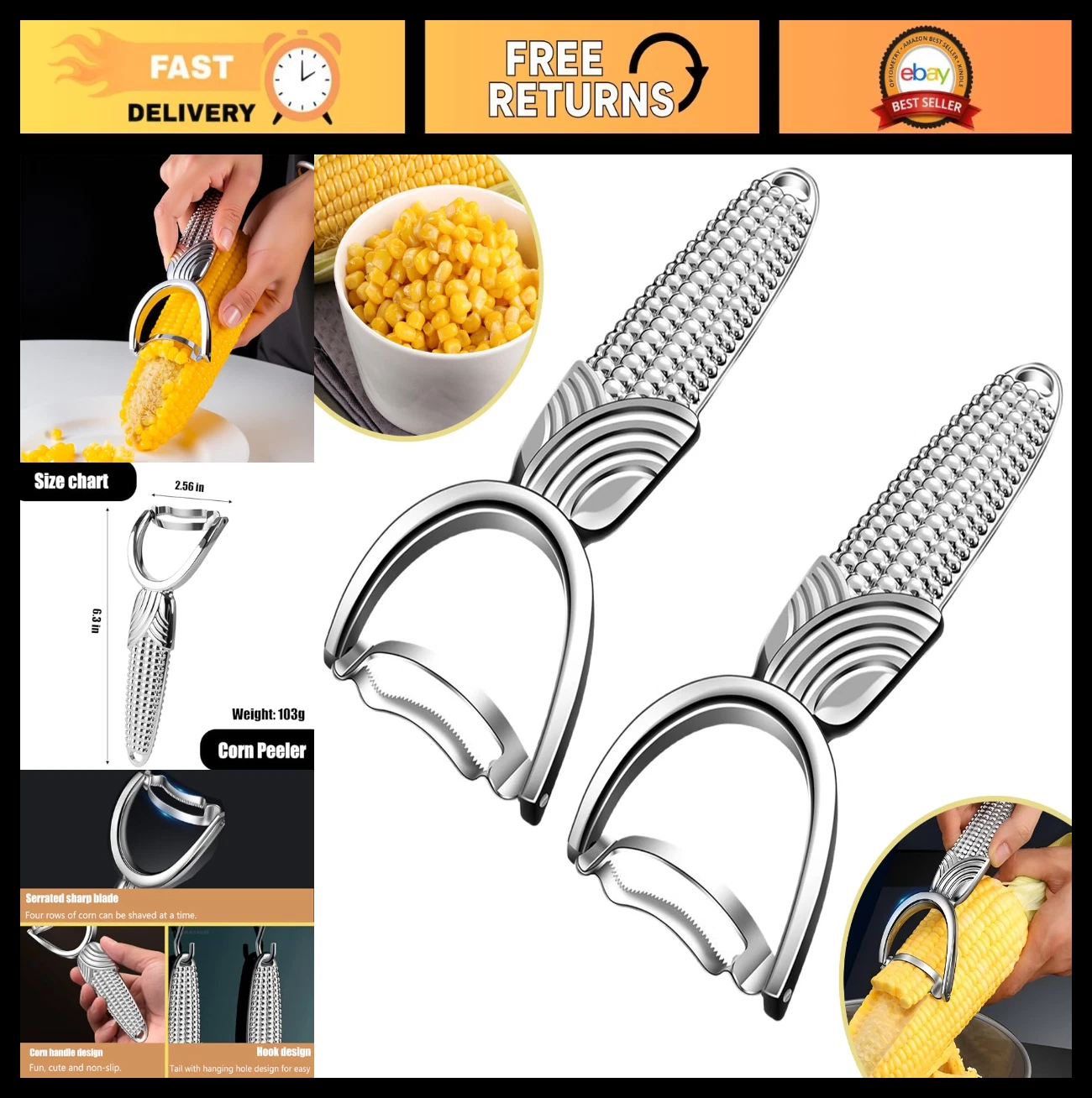 2 Packs Corn Peeler Tool - Easy Clean Corn Cob Stripper & Remover, Sweet Corn Cu