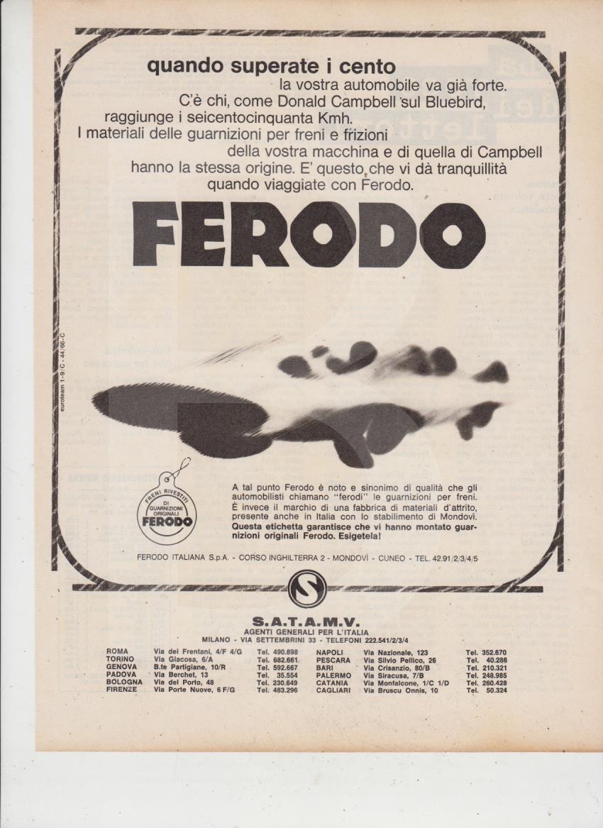 advertising PUBBLICITA'  FERODO  FRENI  AUTO 1966 VINTAGE CAR PARTS RICAMBI AUTO