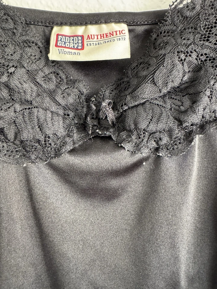 Vintage Faded Glory Tank Top Black Satin Cami 90s Y2K Fairy Grunge Lace Trim 2XL - Image 2 of 4