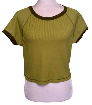 Women s Green Retro Sporty Ringer Cropped Tee Streetwear Casual Normcore XXL