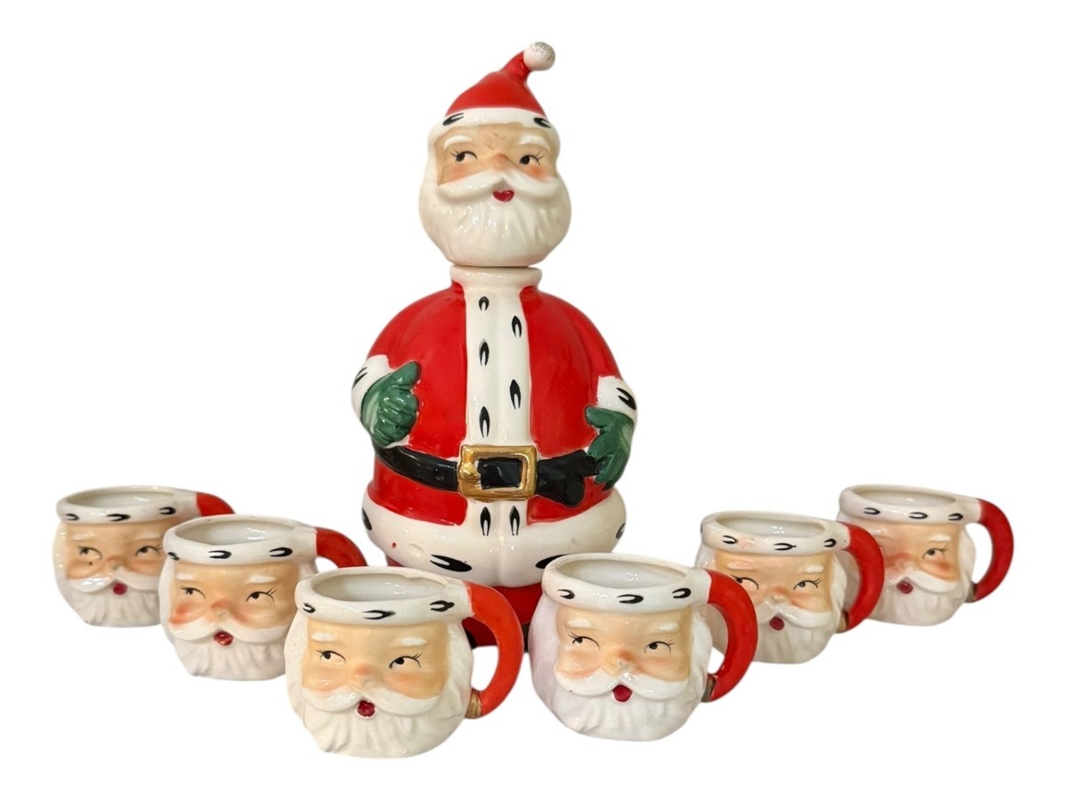 Vintage Lefton Christmas Santa Decanter Santa Mugs 1950s Japan MCM