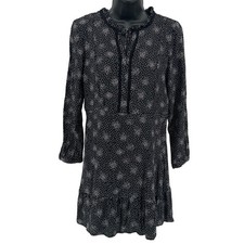 LOFT Short Dress WMNS 6P Shift Black White Dotted Floral Ruffle Hem Tie Neck 