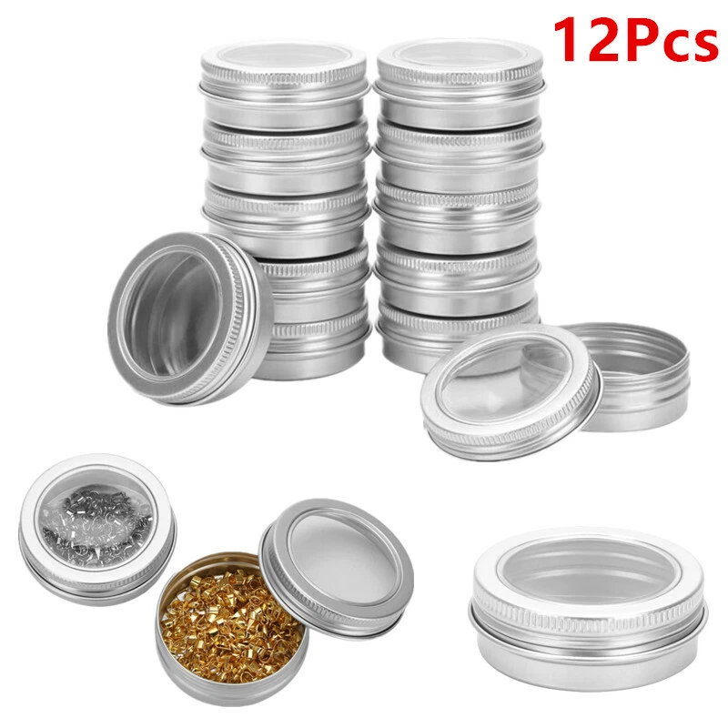 12Pcs Small Metal Tin Cans Storage Box Case Organizer Container Clear  Window Lid