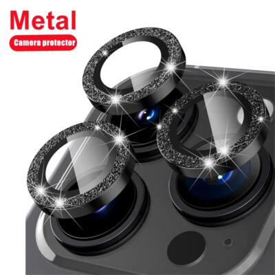 Diamond Glitter Camera Lens Protector For iPhone 16 15 14 Metal Ring Lens Glass