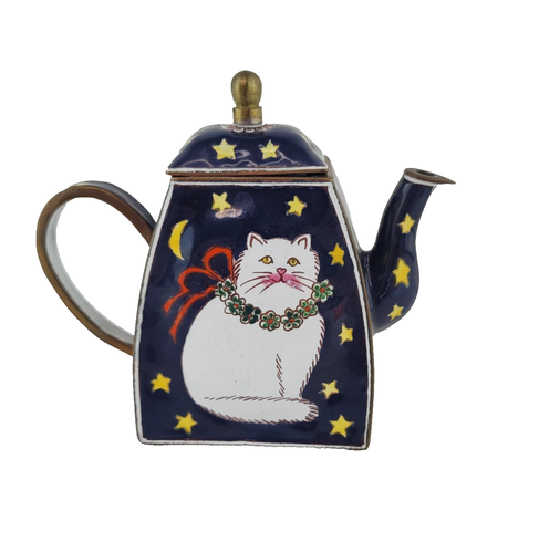 Kelvin Chen Mini Enamel Teapot Trinket Box Persian Cat Flower Moon And Stars