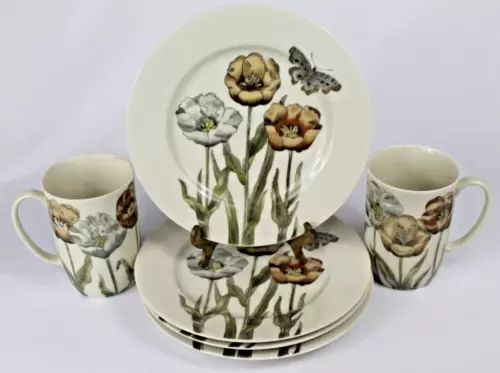 Vintage Set of 4 Fitz and Floyd Cream Pastel Poppy Floral Salad Plates & 2 Mugs