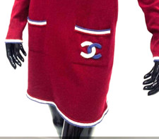 AUTH 09A CHANEL 100 CASHMERE LONG SLEEVE MINI DRESS RED/GREY CC LOGO 36