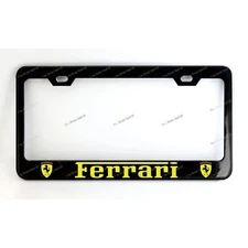 FERRARI Black Custom Made Metal License Plate Frame Screw Caps Yellow graphics