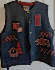 Woolrich 100 Wool Button Front Vest embroidery Cabin Lodge Black woman L