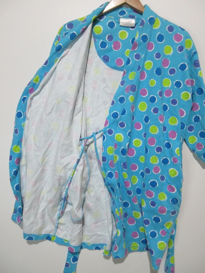 Tamanho M VINTAGE Y2K Cabernet ALGODÃO Feminino Roupão de Banho Curto Azul Bolinhas Cinto de Gravata - Imagem 2 de 4