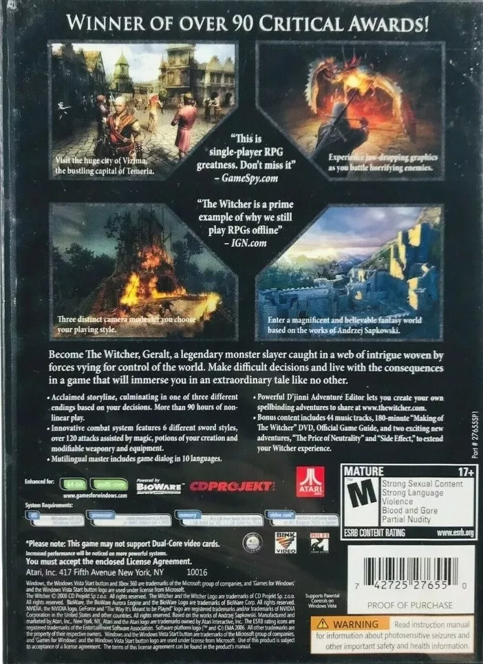 The Witcher Enhanced Edition PC CD ROM Game 2008 Role Play RPG Computer  Complete 742725276550