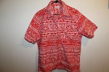VINTAGE HAWAII NEI BUTTON DOWN SHIRT HONOLULU szL RED WHITE GEOMETRIC 1960'S 70