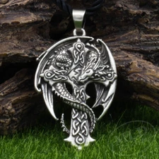 Celtic Cross Dragon Guardian Amulet Pendant Necklace Antique Silver Norse Viking