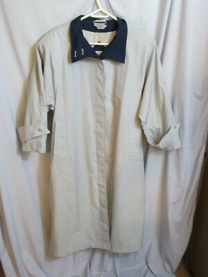 British Mist Long Midi Ladies Rain Trench Coat Gray Navy Raglan Slv A-Cut  Sz 12