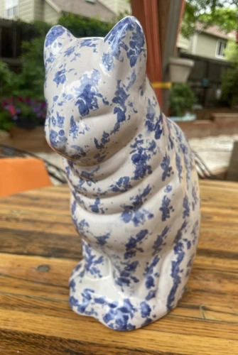 Rare Vtg Bybee Pottery Blue Spongeware Cat Figurine 12" Kentucky Art Handmade