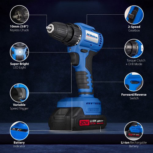 ACDelco Power Tool Combo Kit with 2 Batteries Cordless Drill Impact Driver Tool