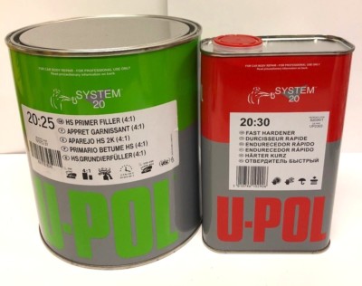 U-Pol 2K High Build WEISS 4ltr Auto Grundierung S2025 3L + 1Ltr SCHNELLER Härter/Aktivator