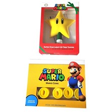 Super Mario Bros Star Tree Topper  Gold Coin String Lights Holiday - 8.5 Feet