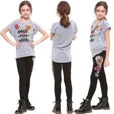 Girls Top Short Sleeves Made You Look Print Grey T Shirt  Legging Set For Kids