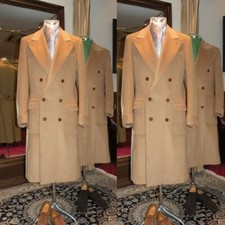 Khaki Cashmere Men's Long Overcoat with Belt Wide Peak Lapel Winner Warm Coat