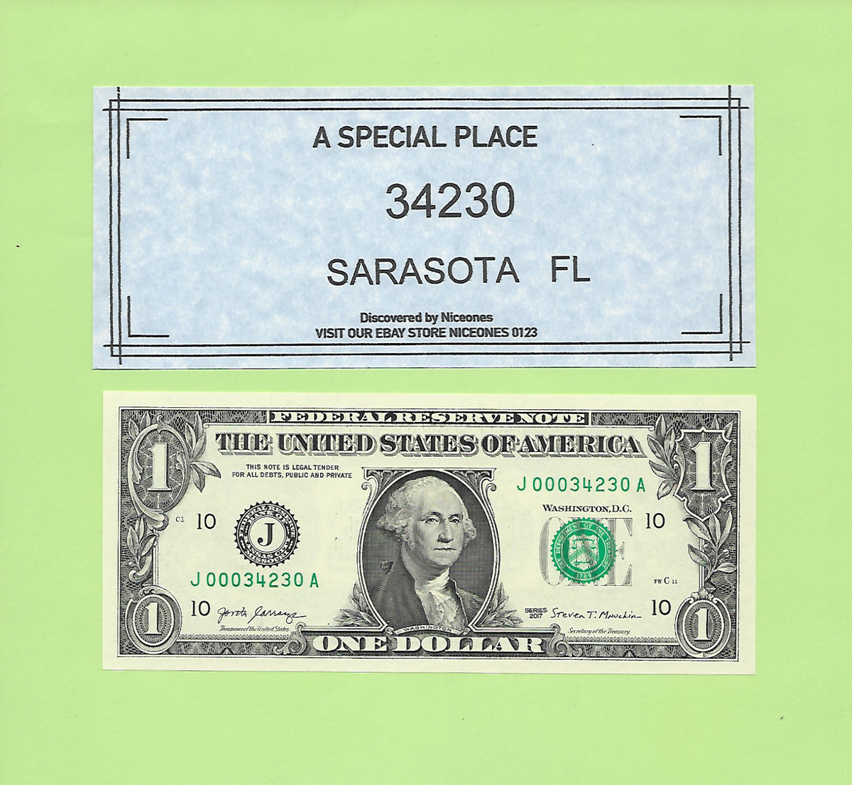 ZIP CODE '34230' .. SARASOTA, FLORIDA  2017 ..CU $1 J 000 34230