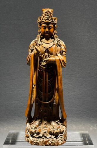 BY171- 18 CM Tall Carved Boxwood Figurine - Guan yin Kuan-yin Fairy Buddist - Picture 1 of 5