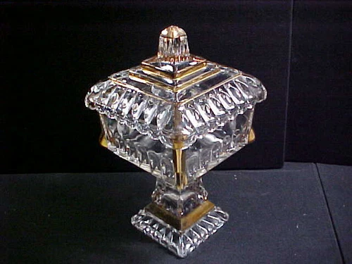 Vtg Jeanette Glass Wedding Bowl Lid Square Pedestal Candy Dish Gold Trim 8” X 4”