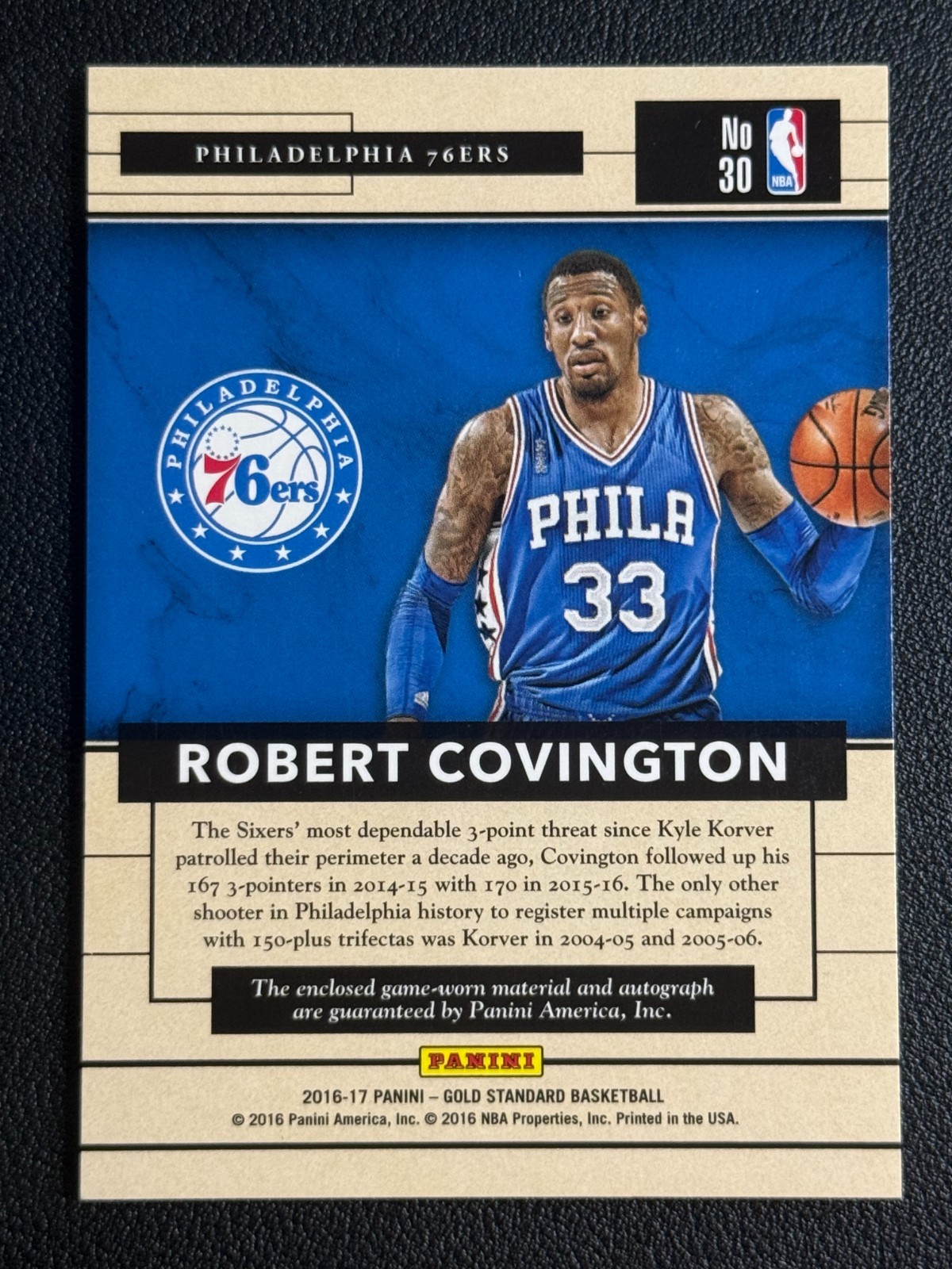 2016-17 Gold Standard - Robert Covington Patch Auto /199 Gold Strike Game Worn view 2