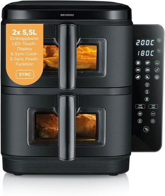 Severin Duo Stack Heißluft-Fritteuse, 2 x 5,5 L Garraum, 2 Kammern, 2800 W