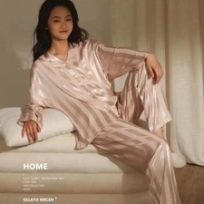 New Loungewear Womens Ice Silk Pajamas Set Long Sleeve Sleepwear