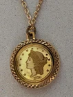 VTG Gold Tone Replica 1776 $20 Gold Coin Pendant w/chain Lady Liberty