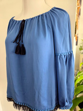 TORY BURCH Blue Silk Fringe Long Sleeves SYLVIE TUNIC Blouse Size 4 MSRP $325