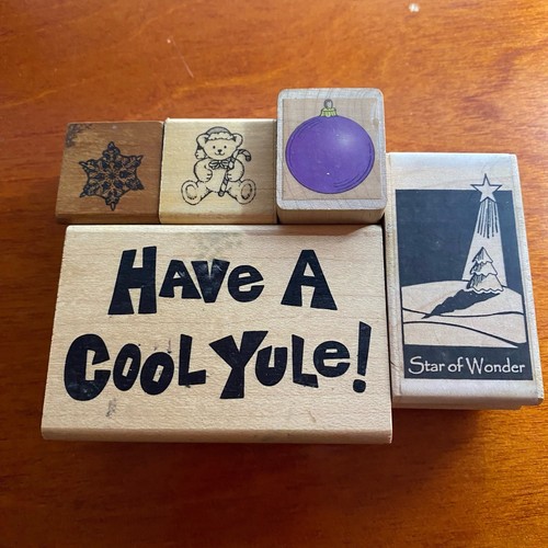 Christmas Holiday Rubber Stamp Lot of 5 Wood Mounted Stamps Various Makers