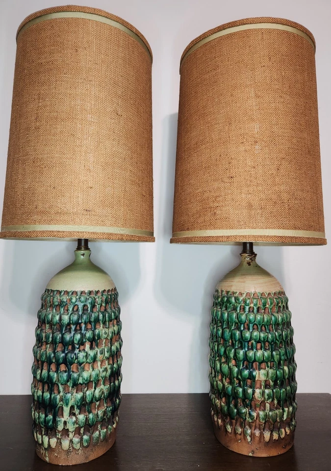 Pair MCM Pottery Lamps Green Drip Glaze - Fantoni Style Brutalist -ALL ORIGINAL - Image 3 of 4