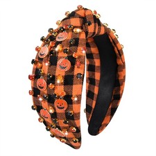 Halloween Knotted Headband for Women Crystal Pumpkin Plaid Hairband Halloween...