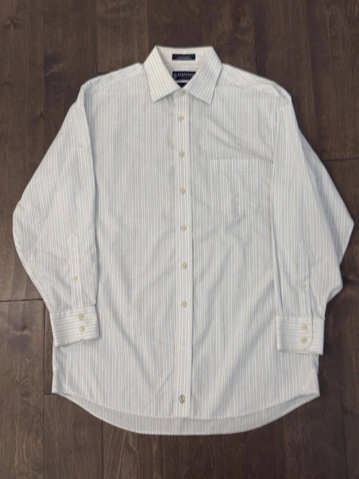 Camisa de tela ancha azul a rayas de algodón talla 16 Stafford Signature para hombre Foto 2 de 4