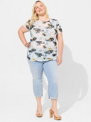 Torrid Floral Mesh Ruched Top Size 3 3X Watercolor Stretch Sheer Plus 