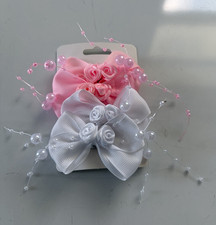 Set of 2 Girls Pink  White Fabric Bow Hair Clips w/ Beaded Flower, OS