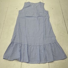 Sleeveless Dress Womens Medium Blue White Stripe Ruffle Hem Button Back V Neck