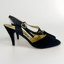 Vintage 90s PM Collection 925 Black Rhinestone Buckle Slingback Pumps Heels Sz 6