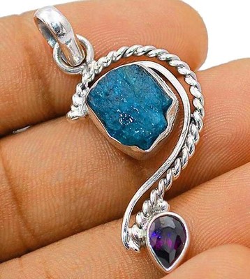 Natürlicher Neon Blau Apatit & Amethyst 925 Sterling Silber Anhänger Schmuck 
