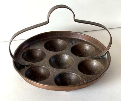 Vintage Copper Aebleskiver Primitive 7 Hole W/Handle Tin Lined Makers Mark 10.75