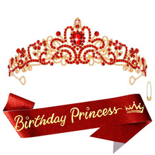 Red and Gold Birthday Decorations Crown and Sash Set for Girls Princess Tiara Qu