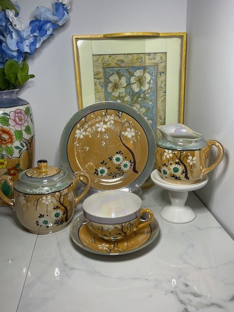茶 takako Takito TT Japan Lusterware Cherry Blossom Tea Set 10 pieces blue