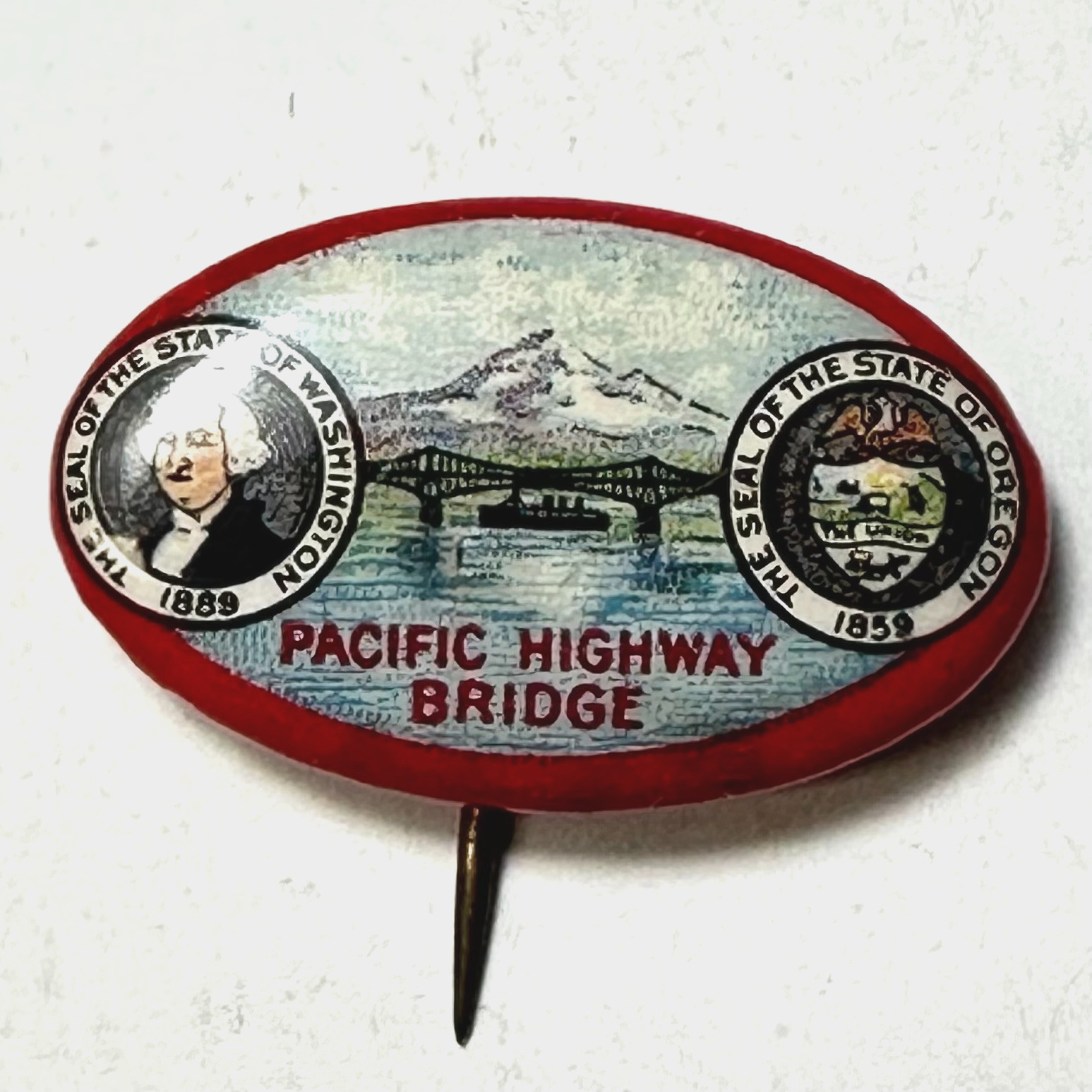 Pacific Highway Bridge State of Washinton & Oregon 1"W Celluloid Pinback Button