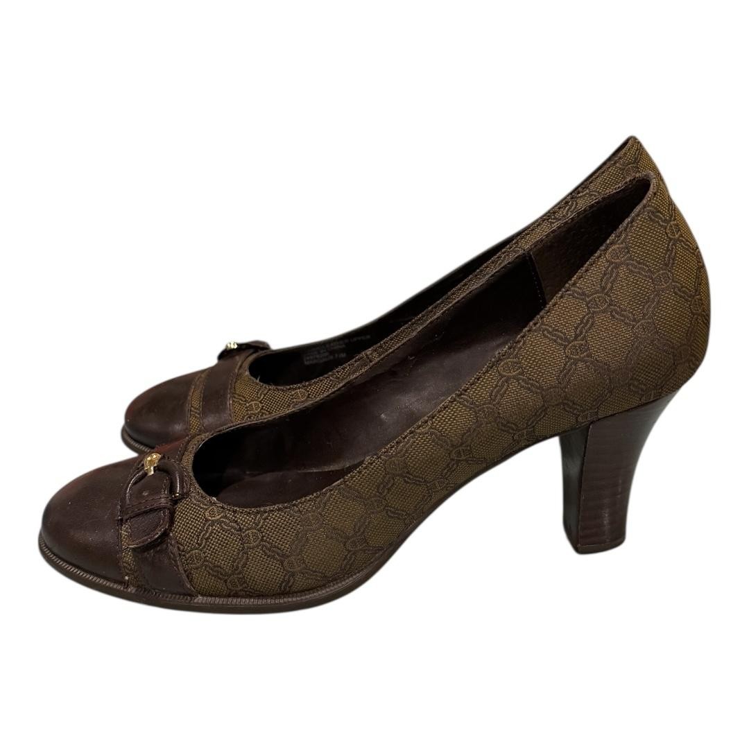 Etienne Aigner Margaux Pumps Womens Size 7.5 Brown Logo Cap Toe Heels Shoes