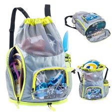 Mesh Drawstring Backpack with Shoe Compartment, Sandproof Beach Swim Bag
